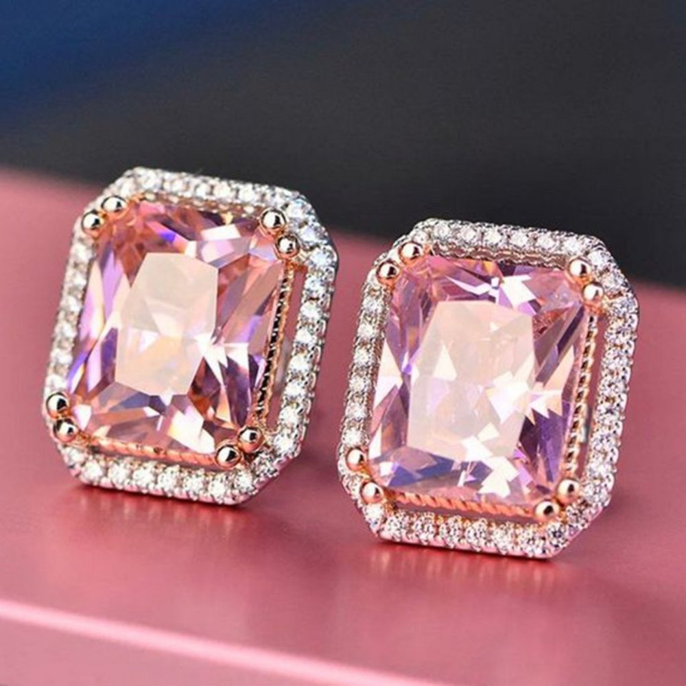NEW Silver Radiant Cut Pink Sapphire Halo Earrings